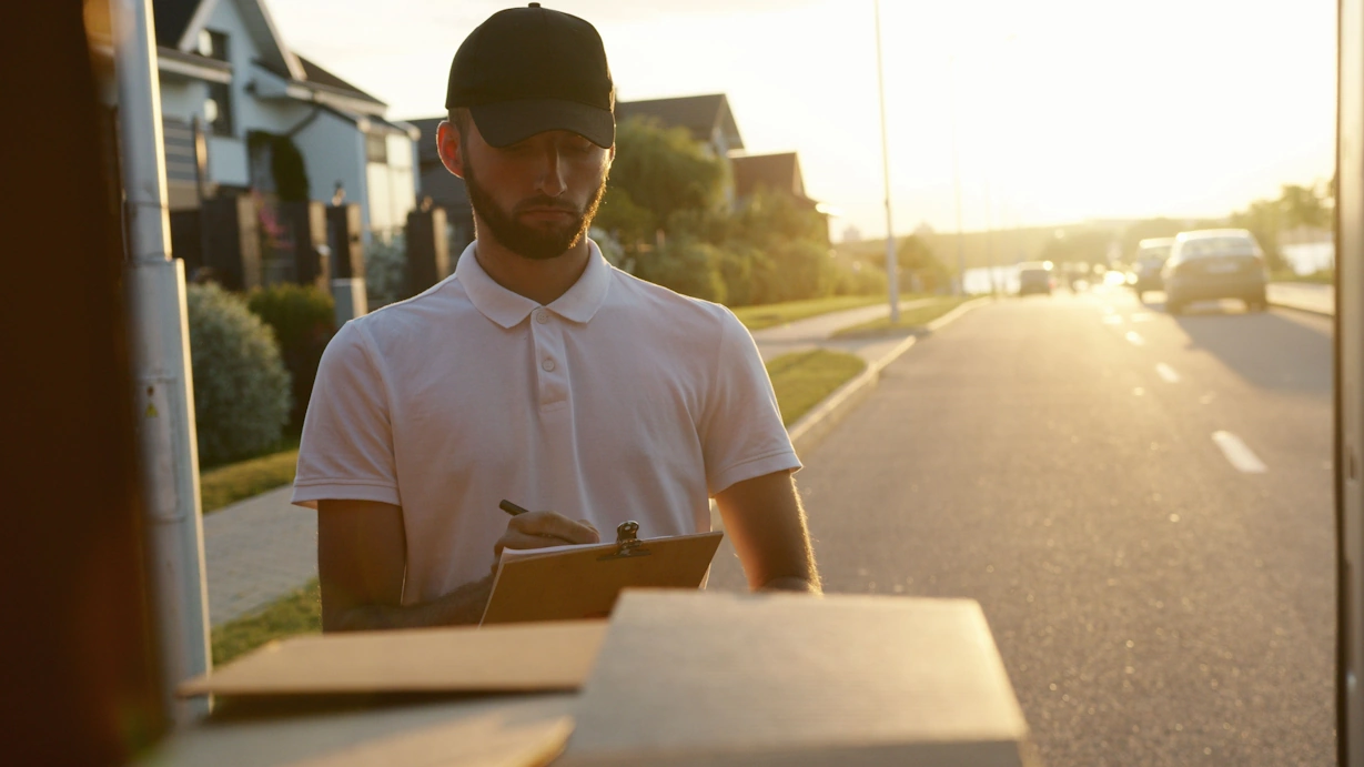 a person checking the packages in the back of a pickup truck
